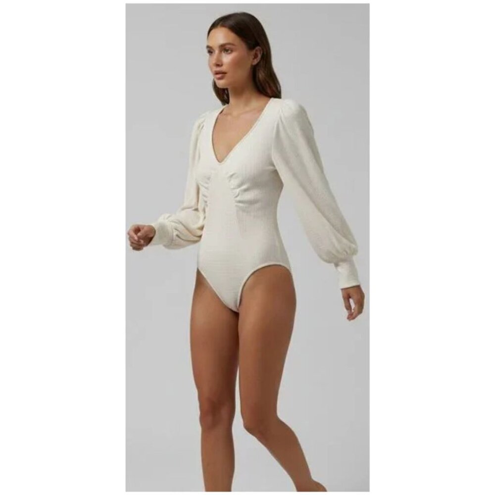 PROMESA Long Bishop Sleeve Body Suit V-Neck Waffle Knit Ivory Women L - Picture 1 of 12